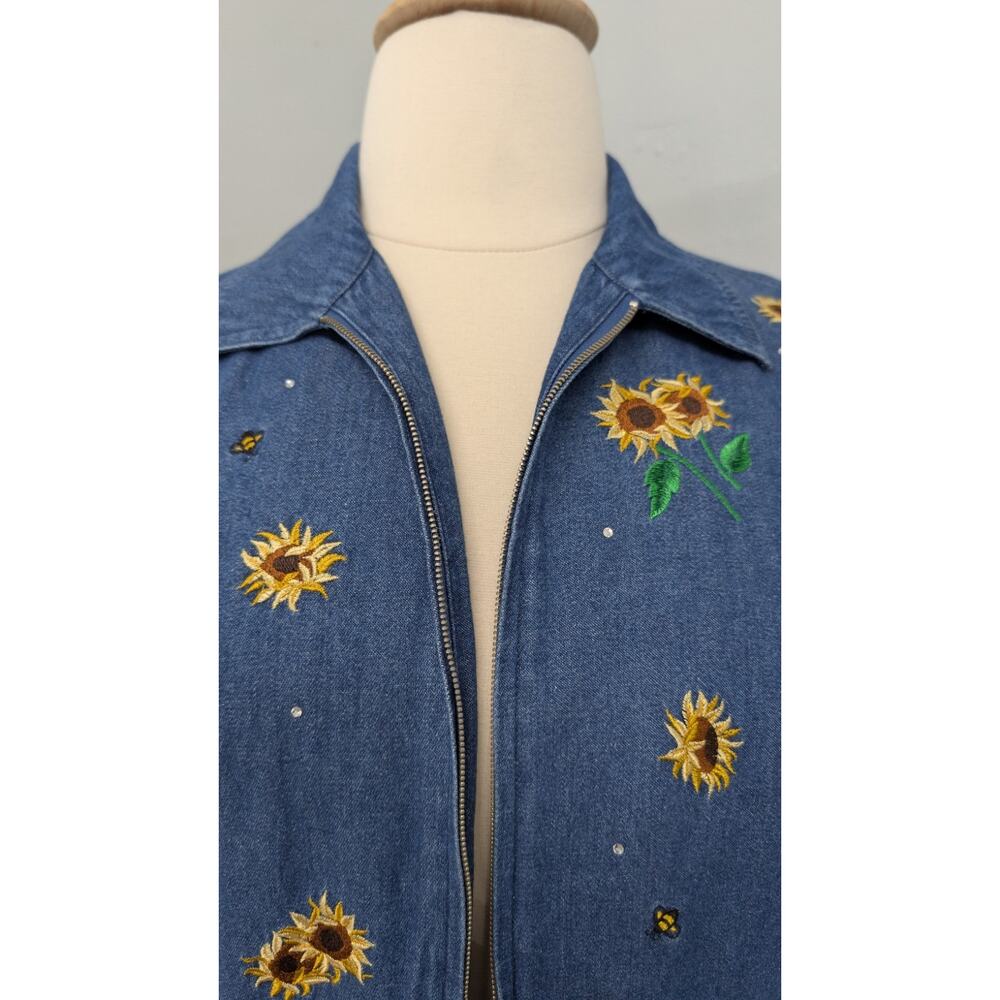 Quaker Factory Denim Jacket Embroidered Sunflowers And Bees Medium - Picture 2 of 12